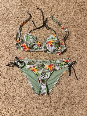 Tropical Floral Tie-Side Bikini Set - Green with Yellow & Orange Flowers